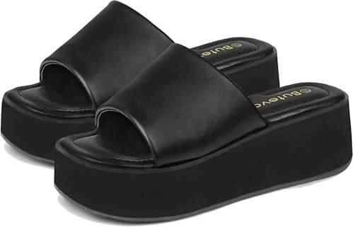 Butevar Chunky Platform Sandals for Women - Comfort Black Open Toe Slip on Platform Slides Y2K Wedge Sandals for Summer Casual, Black, 7
