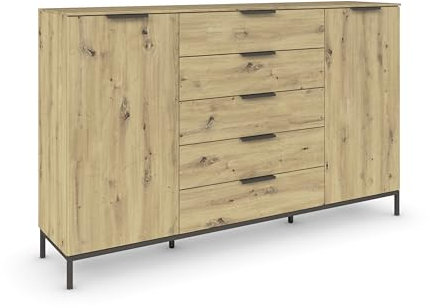 Rauch Möbel Flipp, Nachttisch für Schlafzimmer, Flur, Garderobe, 2-türig, 5 Schubladen, mit Softclose-Funktion, Griffe und Metallkufe Graphit, Farbe Eiche Artisan, Holz, Breite 180 cm