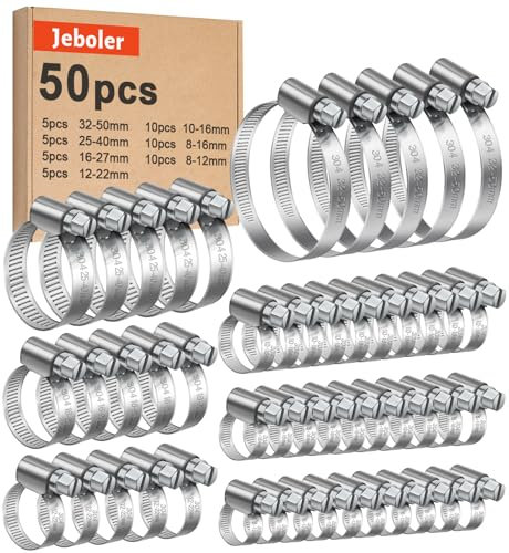 Jeboler 50Pcs Hose Clips Set, Adjustable Worm Drive Hose Clamp Assortment, Stainless Steel Pipe Clips for Pool Fuel Line and Garden - 7 Sizes