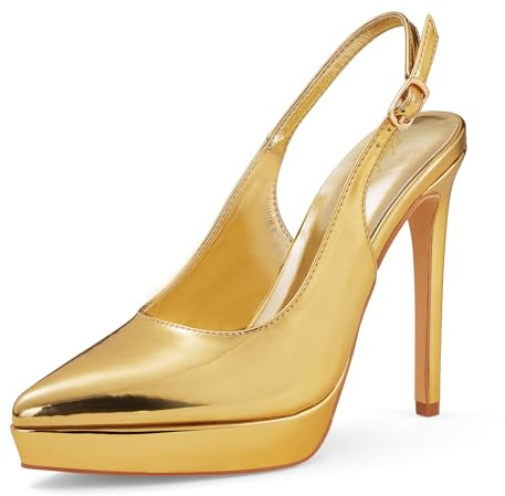 Zhabtuc Zapatos de Salón con Plataforma de 12,5 cm, Punta Cerrada, Tacón de Aguja Destalonado para Mujer, Zapatos de Noche para un Andar Femenino y Seguro, Oro, 38.5 EU
