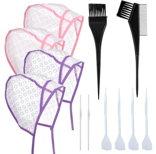 Bewudy 12 Pcs 4 Sets of Highlight Cap with Hooks, Hair Highlighting Caps, Highlight Hair Coloring Frosting Dye Kit for Salon Hair Dyeing Hairdressing (Purple+Pink)