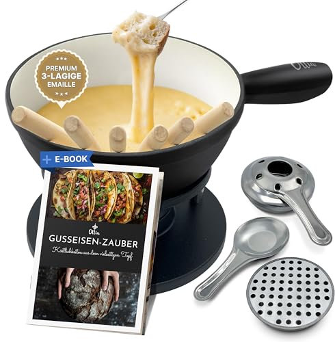Ottia Gusseisen Fondue Set für 2, 3, 4, 5, 6 Personen, 3-lagige Emaille, Schadstofffrei, 10-teilig mit Brenner+Gabeln+Rezeptbuch, Fondü-Set, Käsefondue, Fleischfondue, Schokofondue, Hamburger Händler