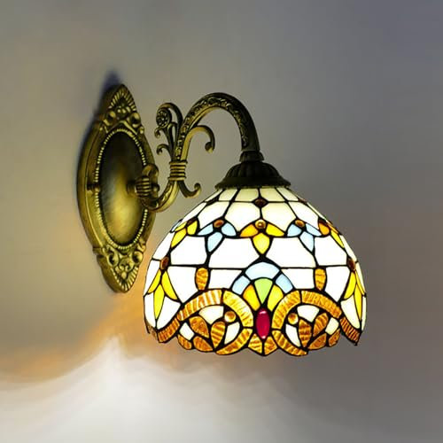 OBLLER Tiffany Style Wall Lamp, Baroque Stained Glass Wall Light, Industrial Vintage Gooseneck Wall Light, Indoor Bedside Lamp for Living Room, Bedroom, Office, Bar, Wall Lighting