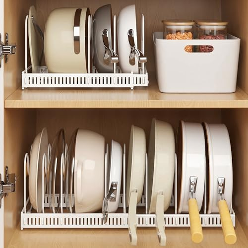 MENGCOOL Expandable Pans Organiser Rack, Pan Lid Storage with 10 Adjustable Dividers, Pot Lid Holder, Kitchen Cupboard Organiser (White)