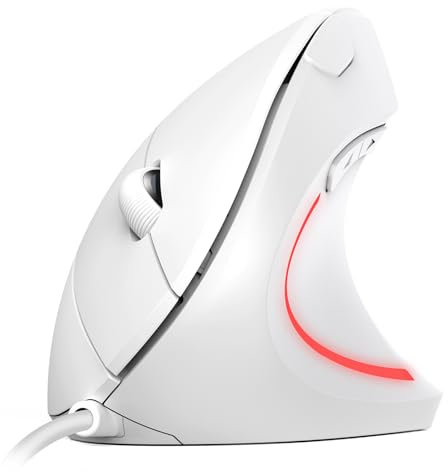 TechRise Mouse Verticale, Mouse Ergonomico con Filo da 1000-6400 DPI, Protegge il Braccio, 6 Pulsanti, Illuminazione LED, Mouse Silenzioso con Cavo USB da 1.5m, per PC, Computer, Portatile, Mac-Bianco