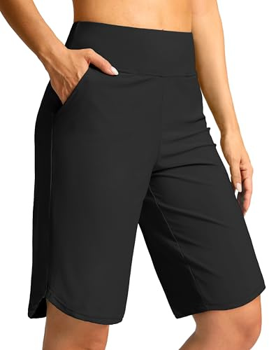 G Gradual Women's High Waisted Swim Board Shorts 11 Knee Length Beach Swimming Long Shorts for Women with Pockets Liner(Black,L)