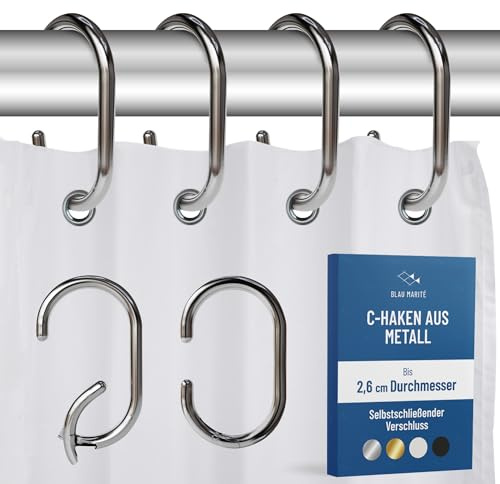 Blau Marité 12 ganci in metallo a forma di C per tenda doccia, antiruggine, anelli decorativi per bagno, Argento, adatti a barre fino a 2,6 cm