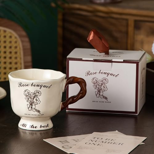 MAGICVOGEL 400ml Kaffeebecher Porzellan Kaffeetasse Blumenmuster Kakaobecher Müslibecher Teetasse Trinkbecher mit Henkel Geschenk für Mädchen Frauen Freundin Oma (Rosenblumen)