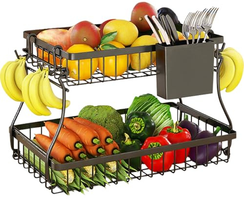 ProChosen Fruit Basket,2-Tier Fruit Bowl with Banana Hanger,Kitchen Storage Countertop Rack,Fruit Metal Bowls Perfect for Holding Fruit,Vegetables,Snacks(Black)