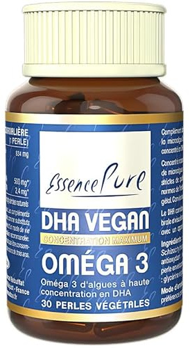 Oméga 3 Végane Essence Pure | 500 mg de DHA par Perle | Huile d'Algues Schizochytrium | Durable et 100% Végane | 30 Gélules Végétales | Api-Nature