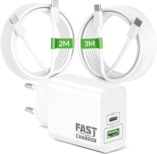 45W 2-port Snabbladdare för iPhone 17e/17/Air/16/16e/15 Pro Max Plus, iPad Pro/Air, iPad 10/11-Gen, Originaltillbehör USB C 45W, USB A 30W Adapterkontakt Med [2 M+3 M] Lång Kabel Typ C
