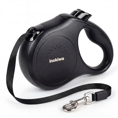 Retractable Dog Lead, 5m/16FT Extendable Dog Lead, 360° Tangle-Free, One-Handed Brake & Lock, Non-Slip Soft Grip Handle for Small & Medium Dogs, Max 25kg, inskiwa (Black)