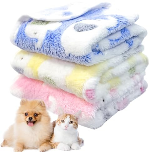 CIYIN 3 Pièces Couverture pour Chien Chat, Couvertures en Flanelle Douce pour Chiens et Chats,Couverture pour Chien Chat Pelucheuse et Lavable,avec Imprimé Patte (Bleu, Jaune, Rose, 60x40cm)