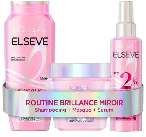 L'Oréal Paris Elseve Glycolic Gloss Routine Cheveux Ternes Acide Glycolique | Shampooing + Masque + Spray, Cheveux 10x plus lisses 72h, Protection chaleur 230°, Sans alourdir