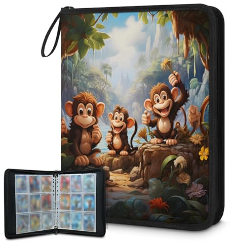 Carpeta de tarjetas coleccionables con 9 bolsillos, diseño de mono de bosque, álbum de tarjetas con fundas extraíbles, impermeable, con cremallera, capacidad para 50 páginas y 900 tarjetas