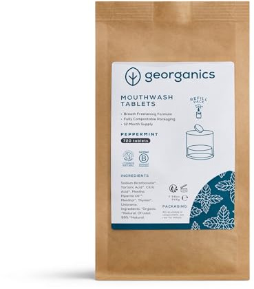 Georganics Organic Mouthwash Tablets Refill Pack - 720 Tablets - 1 Years Supply - Peppermint Flavour - for Bad Breath - SLS, Glycerine & Fluoride Free - Certified Cosmos Natural, Vegan & Cruelty Free