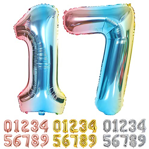 Ponmoo Foil Balloon Number 17/71 Gradient Blue, Giant Numbers 0 1 2 3 4 5 6 7 8 9 10-19 20-29 30-39 40-49 50-60-70-80-90-100, Large Balloons for Wedding Anniversary Birthday Party Decoration