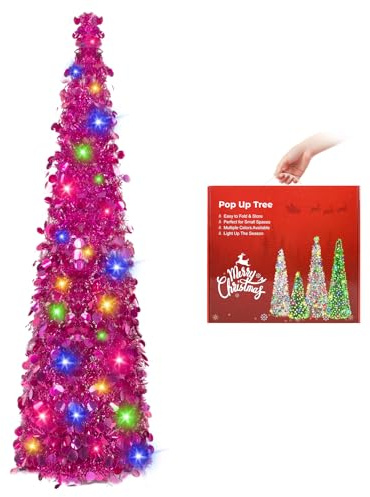 N&T NIETING Albero di Natale con supporto, 5FT albero di natale pop up, Montaggio Istantaneo - Decorazione di Natale, Adatto per Appartamento, Veranda, Feste(Rosso Rose)