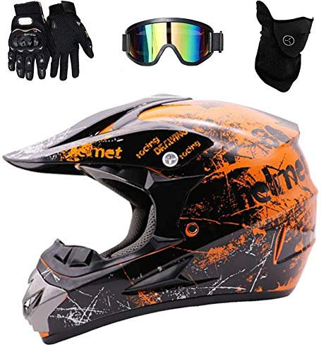WEITY Casco Di Motocross, Casco integrale Quad Crash ECE Downhill Dirt Bike MX ATV adulti casco della motocicletta guanti, occhiali, mascherina di 4 pezzi, Arancione (S)