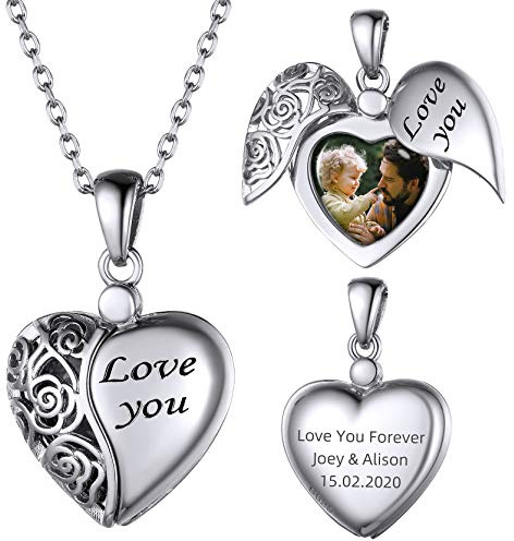 GoldChic Collier Médaillon en Forme de Cœur Personnalisé avec Photo Personnalisée, Bijou Femme avec Charme Fleur Gravé, Cadeaux Souvenirs