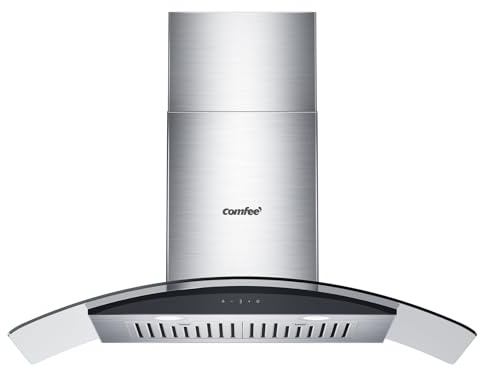 COMFEE' Curved Glass Range Hood 36 Inch 450 CFM 3 Speed Gesture Sensing &Touch Control Panel Stainless Steel Kitchen Ductless/Ducted Convertible with Baffle Filters and 2 LED Lights (CVG36W9AST)
