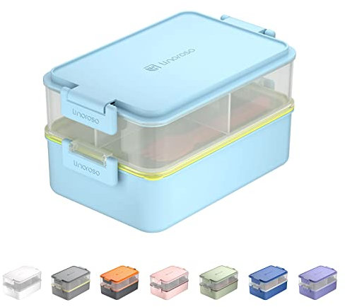 linoroso Bento Lunch Box for Adults with 3 Compartments Lunchbox with Sauce Container and Utensils, Bento Boxes for Microwave and Dishwasher Plastic BPA-Free As Sandwich Snack Salad Box - Canal Blue