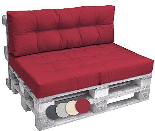 Beautissu Set Palettenkissen Outdoor 1x Sitzkissen 120x80cm & 1x Rückenkissen 120x40cm – Sitzkissen Paletten Möbel Couch Sofa Europaletten Auflagen Palettensofa Palettenmöbel Kissen Balkon Lounge Rot