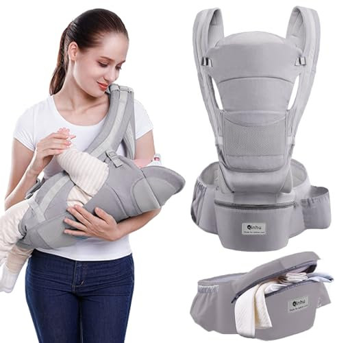 Lohofrnny Babytrage, multifunktionale Ergonomische Babytrage für 0-36 Monate, All-in-One Kindertrage mit Hüftsitz, Verstellbarer Sitz, Baby Tragegurt mit 9 Tragepositionen für Säuglinge (Grau)