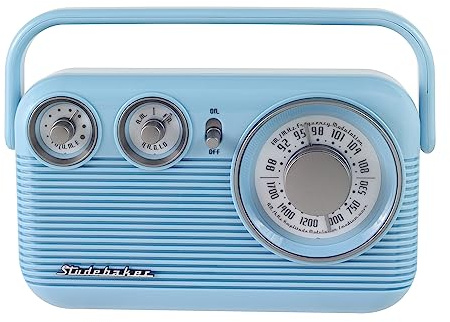 Studebaker Sky Blue SB2003 Retro Portable AM FM Radio | Built in Speaker | AC Powered/Battery | Aux-in Cable (Bundle)