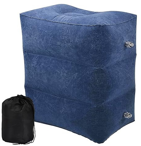 Aufblasbares Fußstütze Kissen für Reise, Höhenverstellbares Flugzeug Reisekissen, Tragbares Fußkissen 3 Lagen mit Stasche und Aufblasvorrichtung für Kinder Erwachsene, Auto Zug Zuhause Büro (blau)