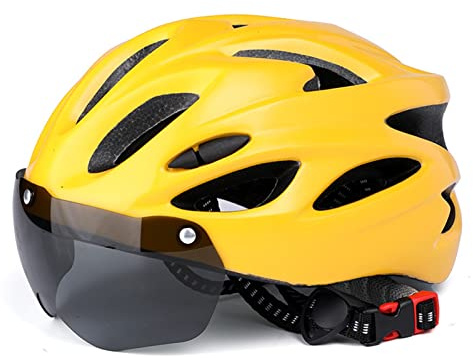 Julyue Casque de Vélo Ultraléger pour Adultes - Réglable avec Lunettes, pour Route et Montagne, VTT - Homme, 53 à 58 Cm (Jaune)