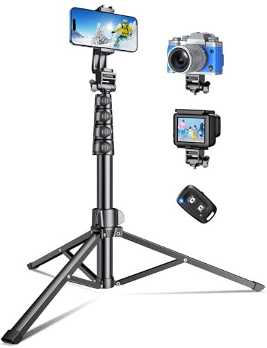 CIRYCASE Tripode para Movil, 177cm Extensible Palo Selfie Trípode de Aluminio con Control Remoto, Ángulo Ajustable & Ligero Portátil, Tripode Camara Compatible con iPhone/Mic/Luz de Relleno Trépied