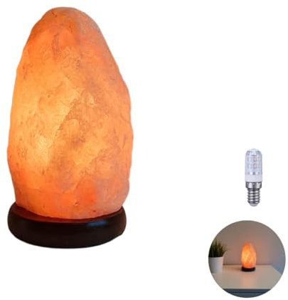 Salzkristall-Lampe Salzstein Salzlampe Kristal Lampe inkl. LED Leuchtmittel Salzkristallleuchte Salzkristalllampe Saunabeleuchtung Kristallsalz aus der Salt Range Pakistan (2-3Kg 19cm Holzsockel)
