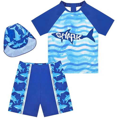 AuSletie Boys Swimming Costume,Swimsuit Set Short Sleeve Kids Rash Guard Dinosaur Boys Bathing Suit with Sun Cap for 2-6 Years