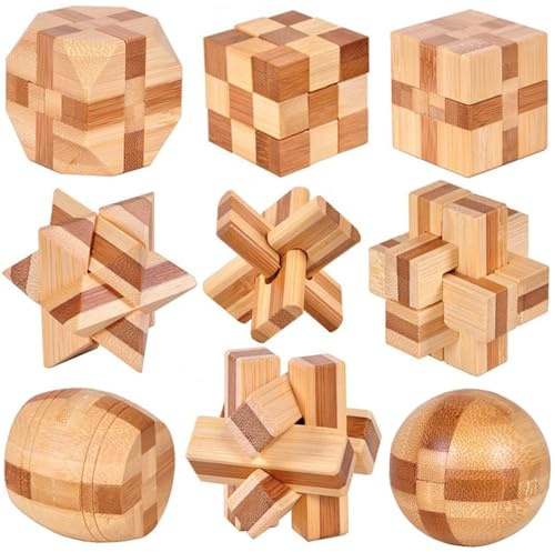 Xrten 9 Piezas Cubo Rompecabezas Madera, Rompecabezas de Lógica, 3D Juego de Ingenio IQ, Brain Teaser Puzzle, para Adultos, Niños y Adolescentes
