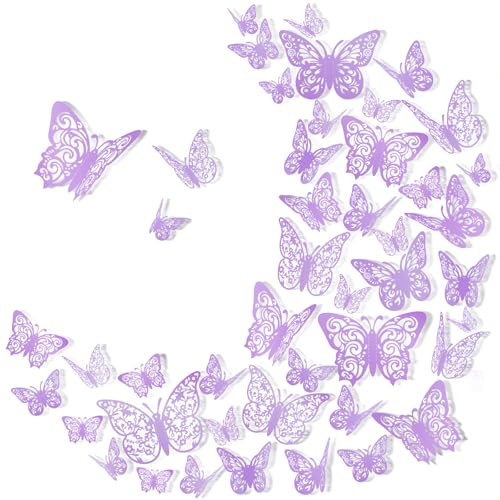 Nogeqi 72 Pcs 3 Styles of 3D Butterfly Wall Decor - Purple Hollow Butterfly Decorations for Cake & Room Decor