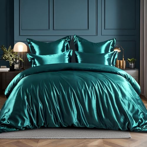 RUIKASI Ropa de cama de satén 200 x 220 verde - funda nórdica de lujo con brillo como juego de cama de seda verde oscuro para el cabello y la piel, ropa de cama brillante de 200 x 220 cm con