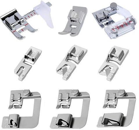 Nähmaschine Füße 9 Stück Set für Brother Singer Janome (3 schmale gerollte Saum Nähfüße, 3 aufgerollter Saum Druckfuß, Zickzack-Nähfuß, verstellbarer Führungsfuß, 1 Stück Schrägbandfuß)