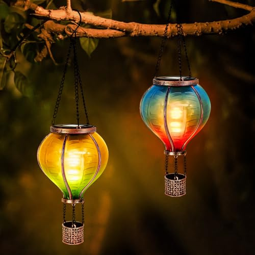 IEEILULU 2PCS Lanterna Solare da Esterno, Mongolfiera Lanterne Solari da Giardino, Luci Solari da Giardino da Appendere con Decorazione a Fiamma