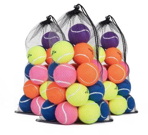 60 Packs Tennis Balls for Training and Pets, High Elasticity Practice Tennis Balls with Mesh Bag for Transport and Beginner Exercise, Durable Dog Playing Ball Set Multi-Pack Colored Balls Mixed Color