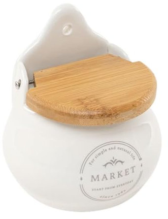 ROCKING GIFTS Salero de Cerámica Blanca con Tapa de Madera, 12 cm, Bote para Sal y Especias para la Cocina y Reposar en Pared