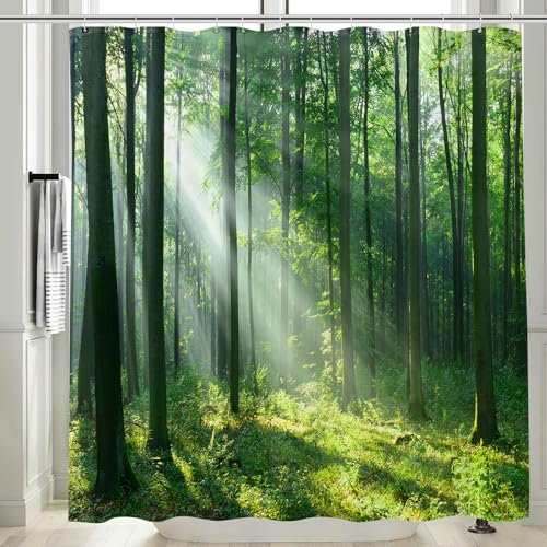 Vgzsyomqib 3D Garden Shower Curtain Outdoor Fence Wet Room Waterproof Anti Mould Fabric Extra Wide 240 x 200 cm Picture Green Tree Forest Outside Scene Bathroom Curtains Set with Hooks