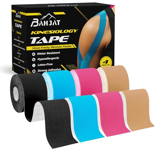 Bahjat Kinesiology Tape (4 Rolls, 5cm x 5m) | Water Proof Sports Tape for Injuries | Self-Adhesive Elastic Pain Relief Body Tape | Physio Tape for Muscles Knee Ankle Shoulder Support Tape (4)