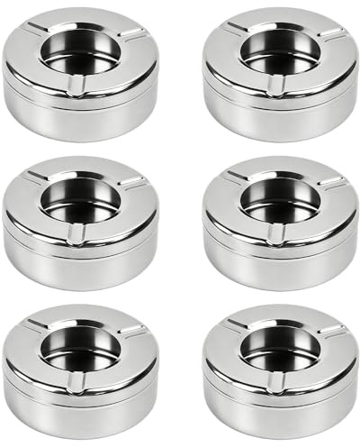 JNEYVIC 6 Pcs Cenicero de Acero Inoxidable con Tapa 9.5cm Cenicero Exterior para Cigarrillos Cenicero Tabaco Portatil para El Uso En Interiores o Exterior para Terrazas Balcones Oficina Coche Fiesta