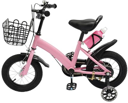 Barncykel 30 cm med stödhjul och korg, barncykel för flickor och pojkar med manuell klocka, vattenflaska och stänkskärm, flexibelt justerbar, för 2 till 5 år (rosa, 30 cm)