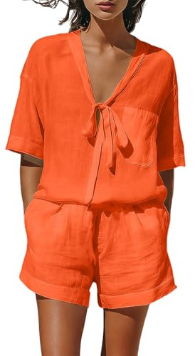 Conjunto Mujer Verano Algodón y Lino Conjunto Corto de 2 Piezas Chándal Completo Casual Cuello V Camiseta Manga Corta con Bolsillo y Pantalon Corto Color Sólido Cómodo Traje para Vacaciones Playa