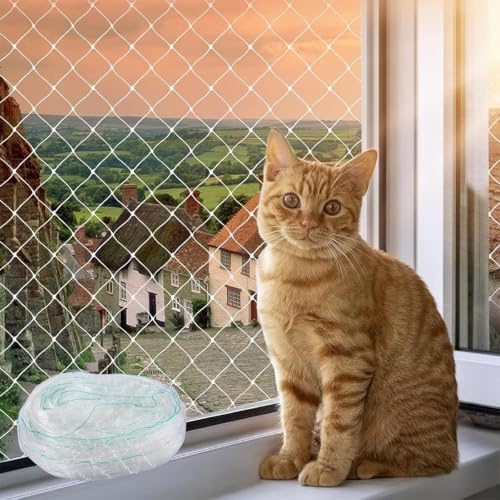 Vylro 8 x 3 m Cat Safety Net for Balcony, Cat Netting for Window, Garden | transparent nylon net, reinforced seams with colorful edge tension cord, prevents cat falls and escapes