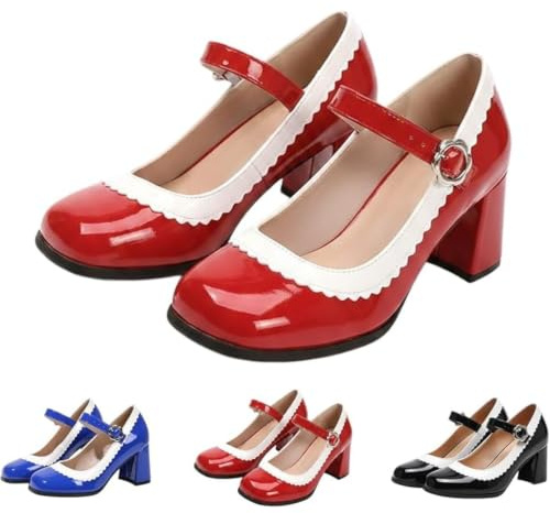 Mary Jane - Zapatos de tacón de bloque para mujer, elegantes zapatos de vestir retro con hebilla para bodas y fiestas, Red, 39 EU
