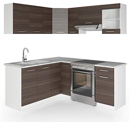 Vicco Cucina ad angolo Rick, Grigio prezioso/bianco, 190 x 60 cm, PL Marmo, con moduli posizionabili variabilmente e piedini regolabili in altezza