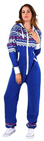 Hamishkane Aztekiskt tryck med huva för damer overall med dragkedja allt-i-ett lekdräkt pyjamas, Kungsblå, 46 stor